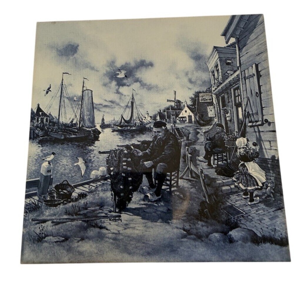 Lionel Barrymore 6x6 Tile Trivet Wall Plaque Blue Harbor Scene Nautical